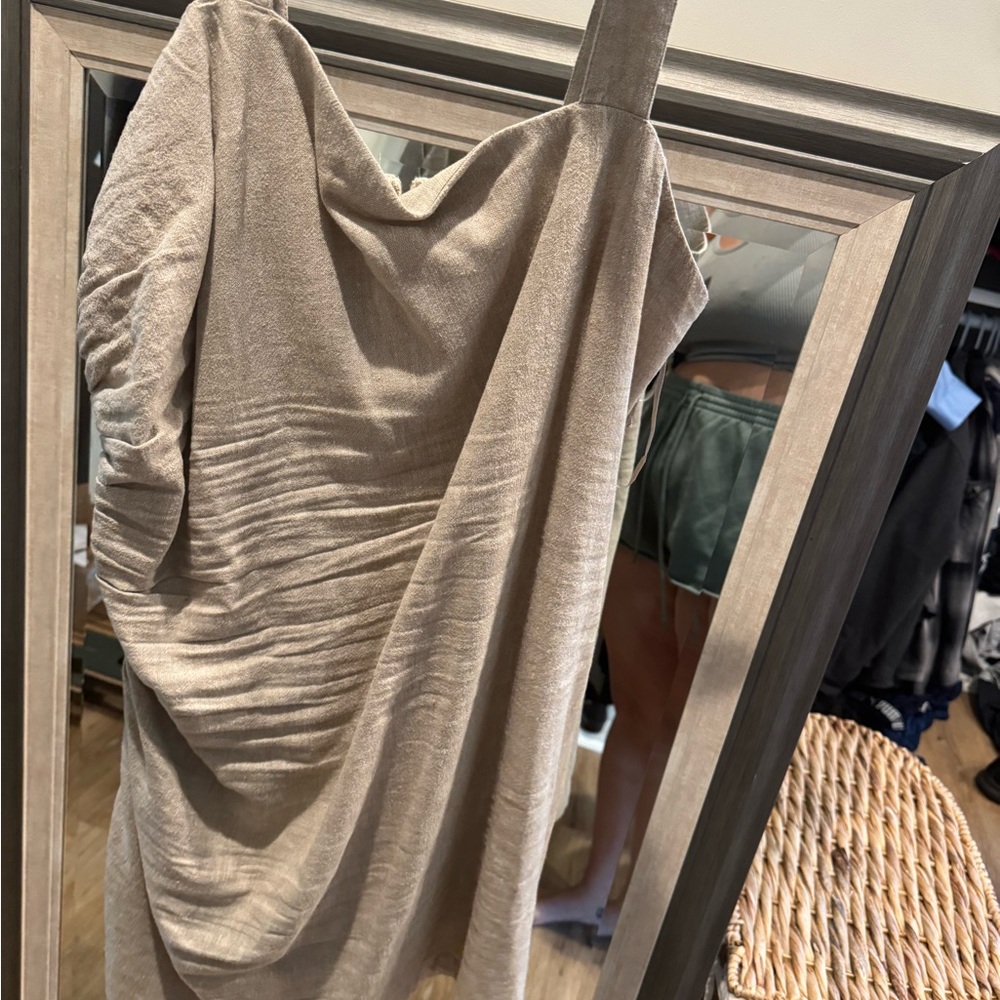 Beige Ruched One-Shoulder Dress